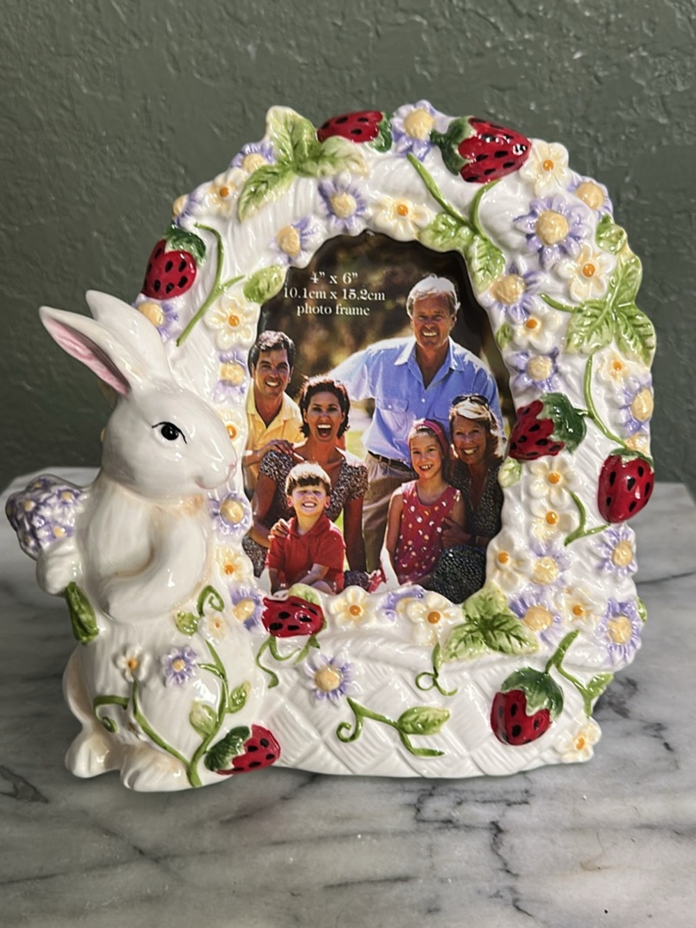 Whimsical Bunny Ceramic Photo Frame with Red Strawberry Accents - White